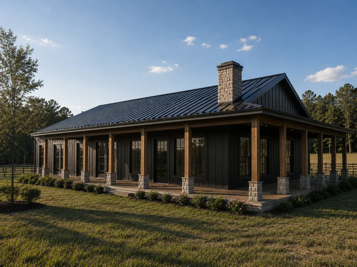 The Hagen, a black board-and-batten home with a metal roof, stone chimney, and wraparound porch