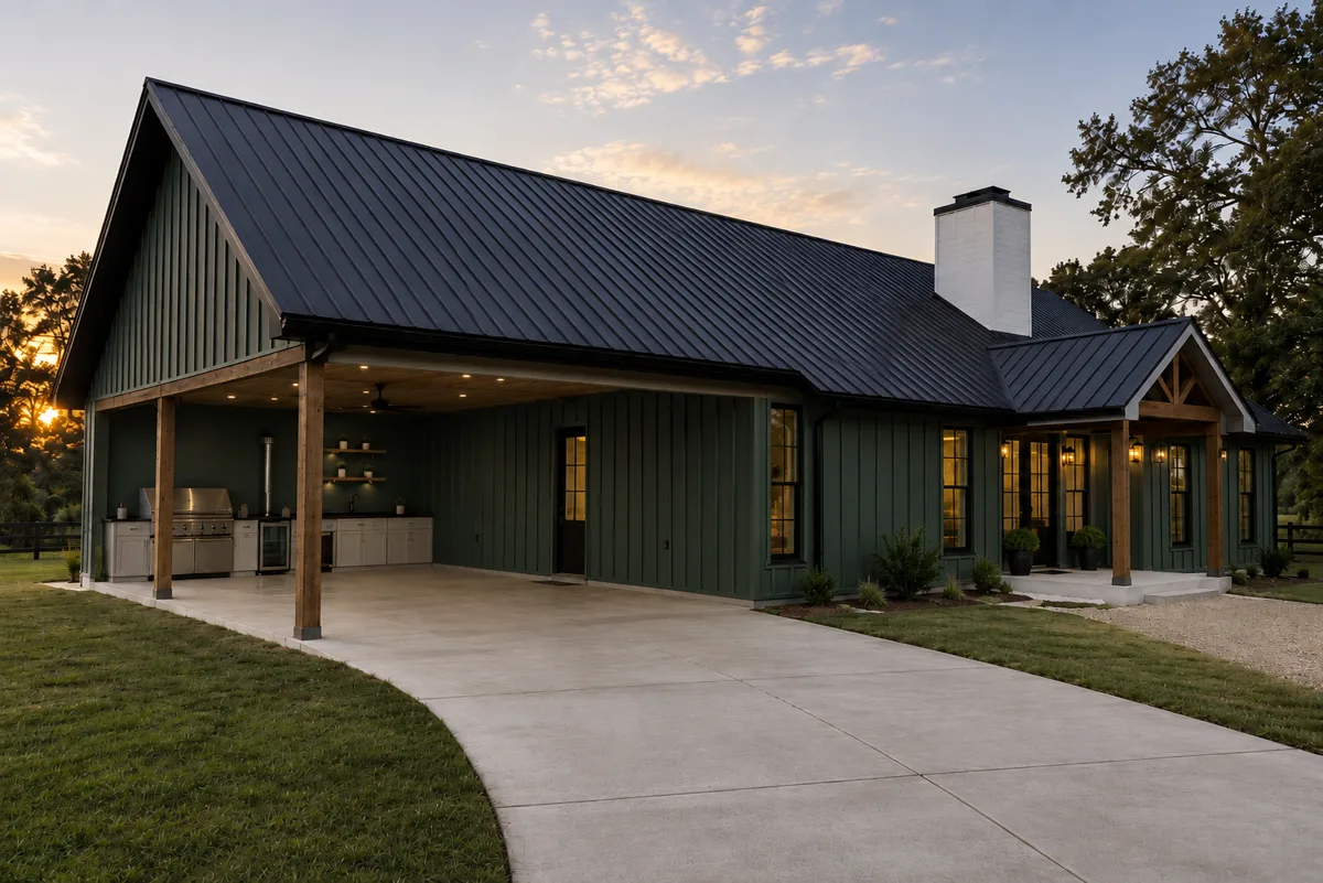 The Ivy, a green board-and-batten farmhouse with a black metal roof, covered outdoor kitchen and carport