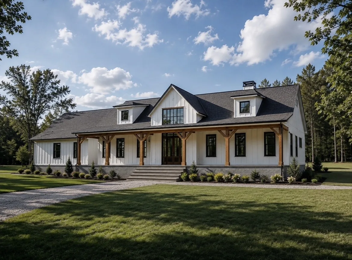 The Magnolia, a white board-and-batten farmhouse with a timber-post front porch